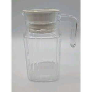 Vintage ARC France Clear Glass Ribbed Refrigerator Pitcher w/Handle 6in Tall